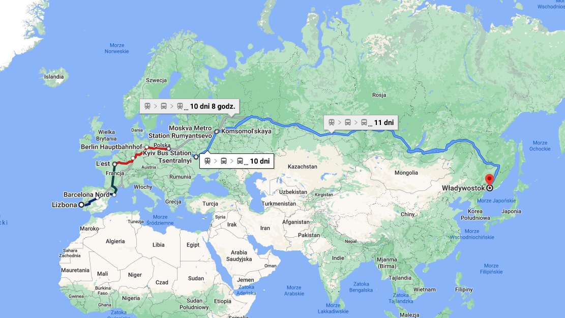 Najdłuższa trasa transportem publicznym wyznaczona w Google Map